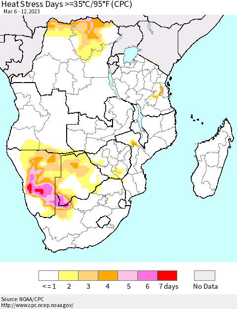 Southern Africa Heat Stress Days >=35°C/95°F (CPC) Thematic Map For 3/6/2023 - 3/12/2023