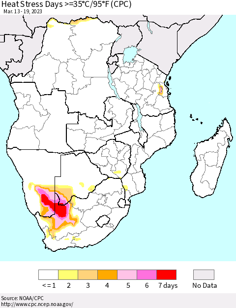 Southern Africa Heat Stress Days >=35°C/95°F (CPC) Thematic Map For 3/13/2023 - 3/19/2023