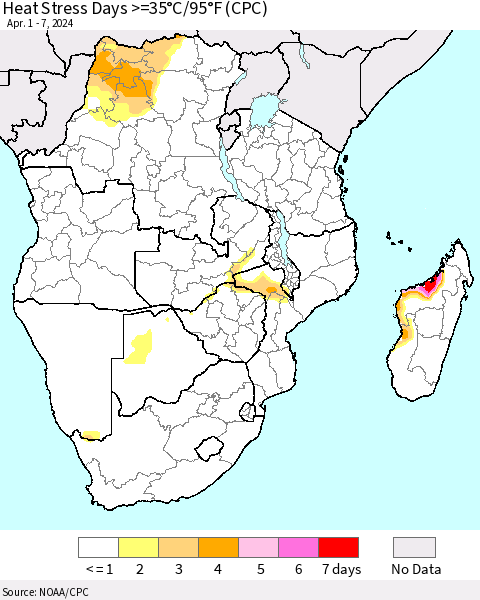 Southern Africa Heat Stress Days >=35°C/95°F (CPC) Thematic Map For 4/1/2024 - 4/7/2024