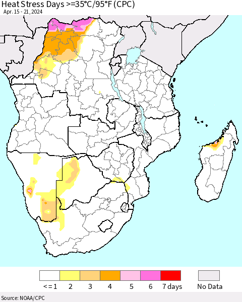 Southern Africa Heat Stress Days >=35°C/95°F (CPC) Thematic Map For 4/15/2024 - 4/21/2024