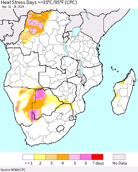 Southern Africa Heat Stress Days >=35°C/95°F (CPC) Thematic Map For 4/22/2024 - 4/28/2024