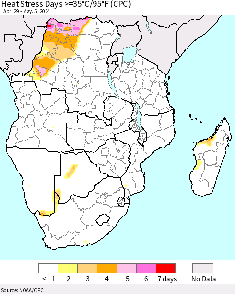 Southern Africa Heat Stress Days >=35°C/95°F (CPC) Thematic Map For 4/29/2024 - 5/5/2024