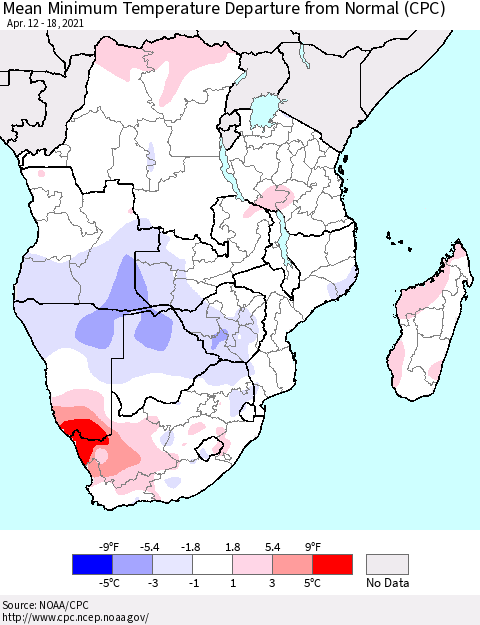Southern Africa Mean Minimum Temperature Departure from Normal (CPC) Thematic Map For 4/12/2021 - 4/18/2021