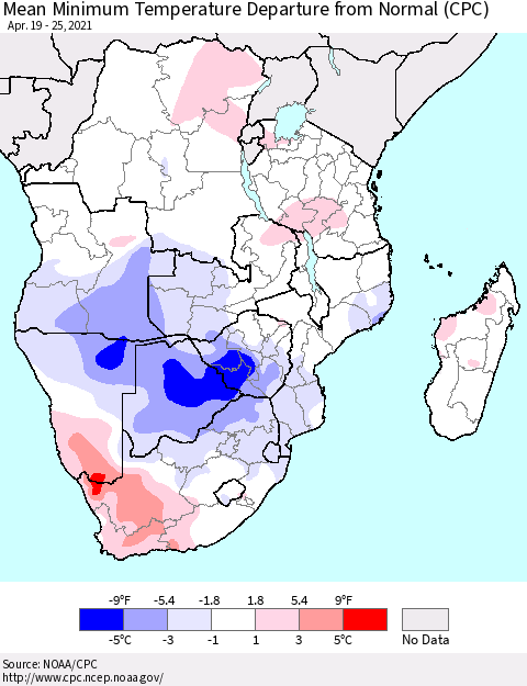 Southern Africa Mean Minimum Temperature Departure from Normal (CPC) Thematic Map For 4/19/2021 - 4/25/2021