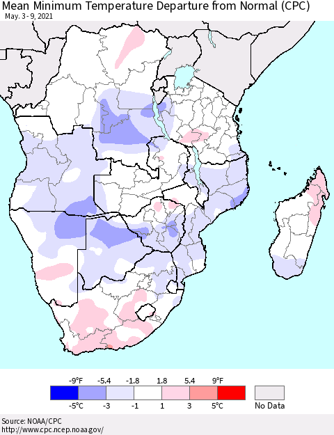 Southern Africa Mean Minimum Temperature Departure from Normal (CPC) Thematic Map For 5/3/2021 - 5/9/2021