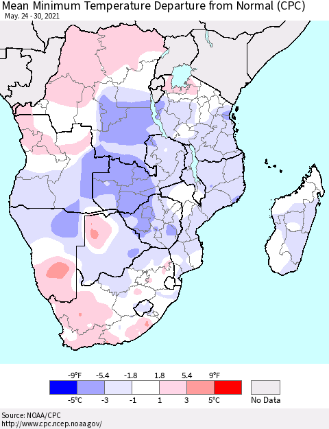 Southern Africa Mean Minimum Temperature Departure from Normal (CPC) Thematic Map For 5/24/2021 - 5/30/2021