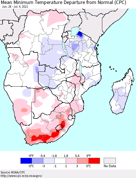 Southern Africa Mean Minimum Temperature Departure from Normal (CPC) Thematic Map For 6/28/2021 - 7/4/2021