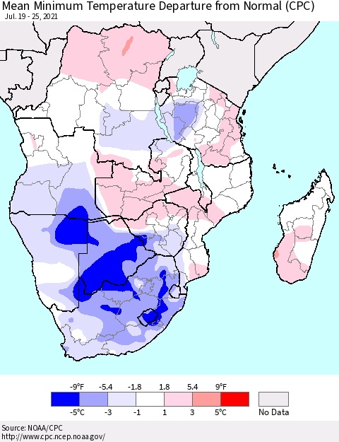 Southern Africa Mean Minimum Temperature Departure from Normal (CPC) Thematic Map For 7/19/2021 - 7/25/2021