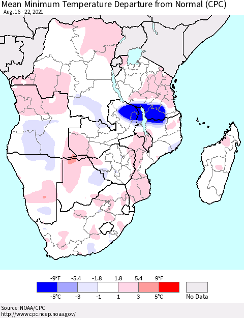 Southern Africa Mean Minimum Temperature Departure from Normal (CPC) Thematic Map For 8/16/2021 - 8/22/2021
