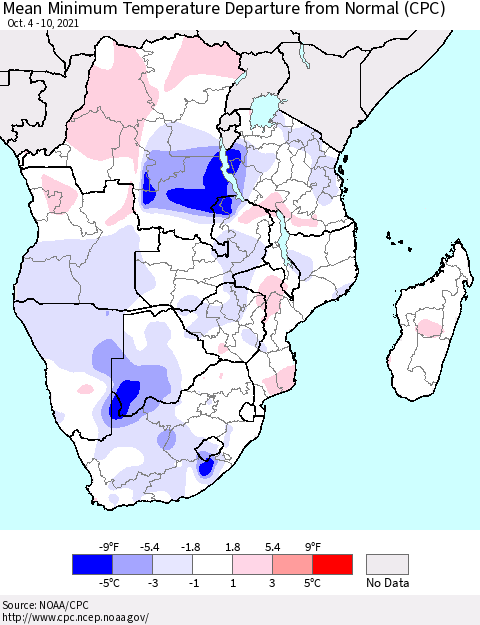 Southern Africa Mean Minimum Temperature Departure from Normal (CPC) Thematic Map For 10/4/2021 - 10/10/2021