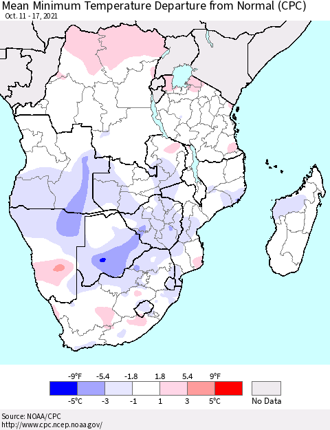 Southern Africa Mean Minimum Temperature Departure from Normal (CPC) Thematic Map For 10/11/2021 - 10/17/2021