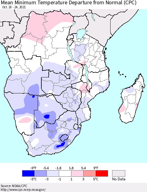 Southern Africa Mean Minimum Temperature Departure from Normal (CPC) Thematic Map For 10/18/2021 - 10/24/2021