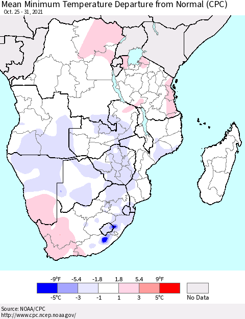 Southern Africa Mean Minimum Temperature Departure from Normal (CPC) Thematic Map For 10/25/2021 - 10/31/2021