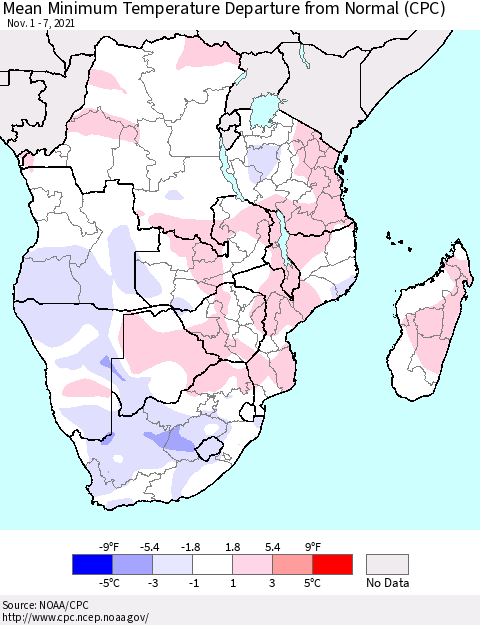 Southern Africa Mean Minimum Temperature Departure from Normal (CPC) Thematic Map For 11/1/2021 - 11/7/2021