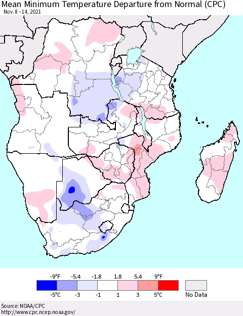 Southern Africa Mean Minimum Temperature Departure from Normal (CPC) Thematic Map For 11/8/2021 - 11/14/2021