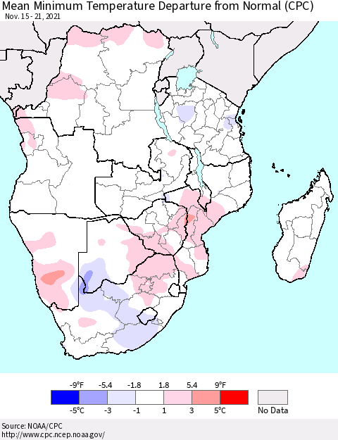 Southern Africa Mean Minimum Temperature Departure from Normal (CPC) Thematic Map For 11/15/2021 - 11/21/2021