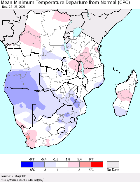 Southern Africa Mean Minimum Temperature Departure from Normal (CPC) Thematic Map For 11/22/2021 - 11/28/2021