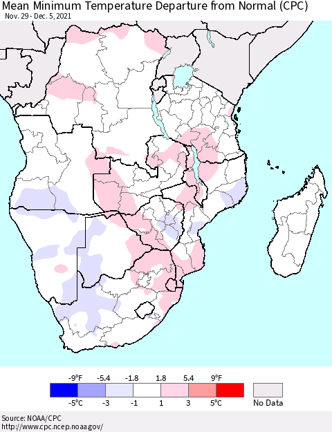 Southern Africa Mean Minimum Temperature Departure from Normal (CPC) Thematic Map For 11/29/2021 - 12/5/2021