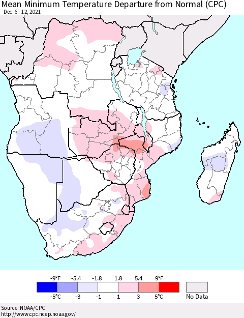 Southern Africa Mean Minimum Temperature Departure from Normal (CPC) Thematic Map For 12/6/2021 - 12/12/2021