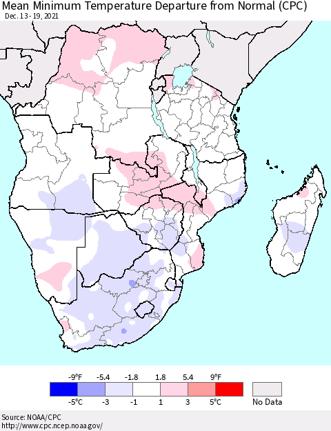 Southern Africa Mean Minimum Temperature Departure from Normal (CPC) Thematic Map For 12/13/2021 - 12/19/2021