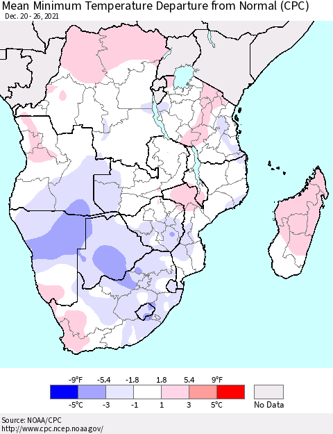 Southern Africa Mean Minimum Temperature Departure from Normal (CPC) Thematic Map For 12/20/2021 - 12/26/2021