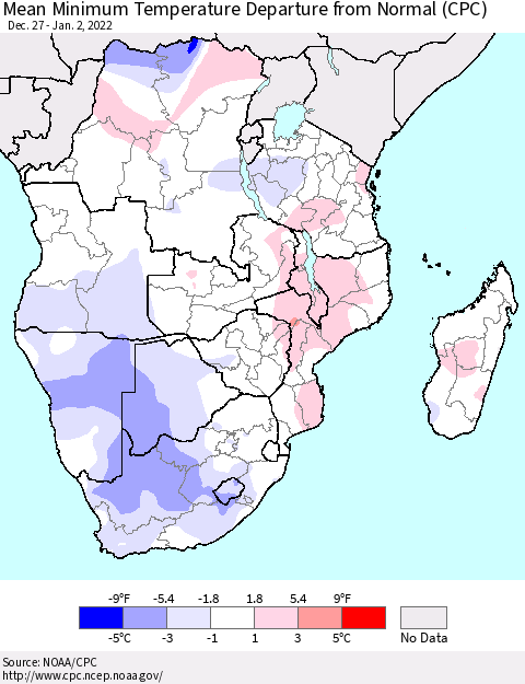 Southern Africa Mean Minimum Temperature Departure from Normal (CPC) Thematic Map For 12/27/2021 - 1/2/2022