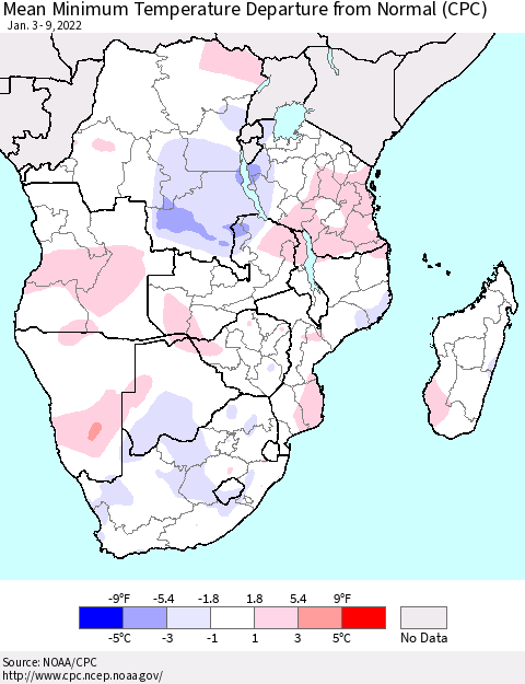 Southern Africa Mean Minimum Temperature Departure from Normal (CPC) Thematic Map For 1/3/2022 - 1/9/2022