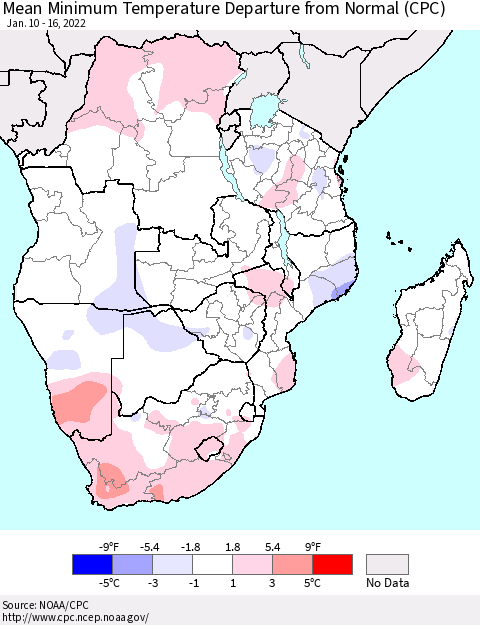 Southern Africa Mean Minimum Temperature Departure from Normal (CPC) Thematic Map For 1/10/2022 - 1/16/2022