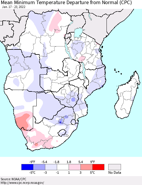 Southern Africa Mean Minimum Temperature Departure from Normal (CPC) Thematic Map For 1/17/2022 - 1/23/2022
