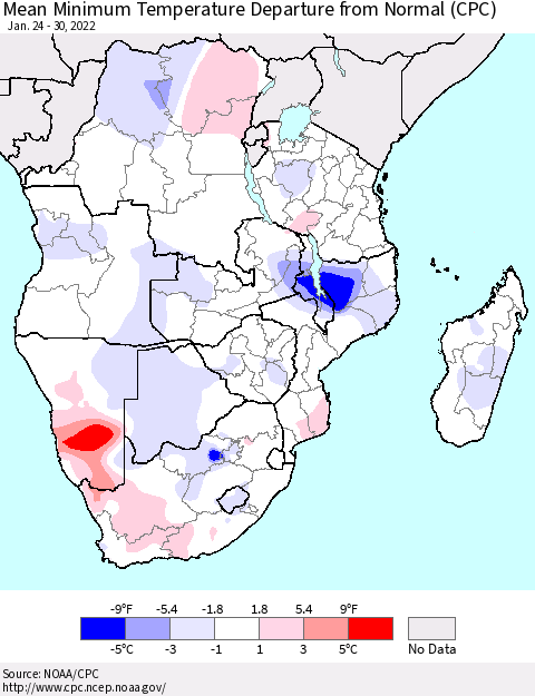 Southern Africa Mean Minimum Temperature Departure from Normal (CPC) Thematic Map For 1/24/2022 - 1/30/2022