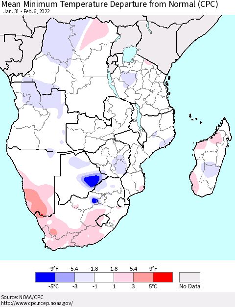 Southern Africa Mean Minimum Temperature Departure from Normal (CPC) Thematic Map For 1/31/2022 - 2/6/2022