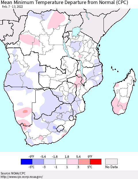 Southern Africa Mean Minimum Temperature Departure from Normal (CPC) Thematic Map For 2/7/2022 - 2/13/2022