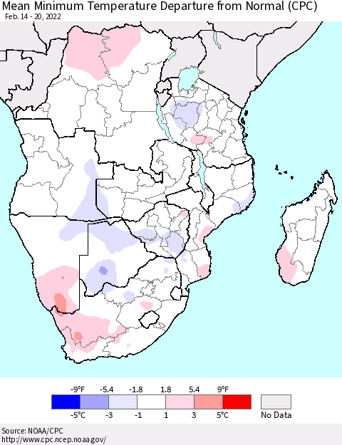 Southern Africa Mean Minimum Temperature Departure from Normal (CPC) Thematic Map For 2/14/2022 - 2/20/2022