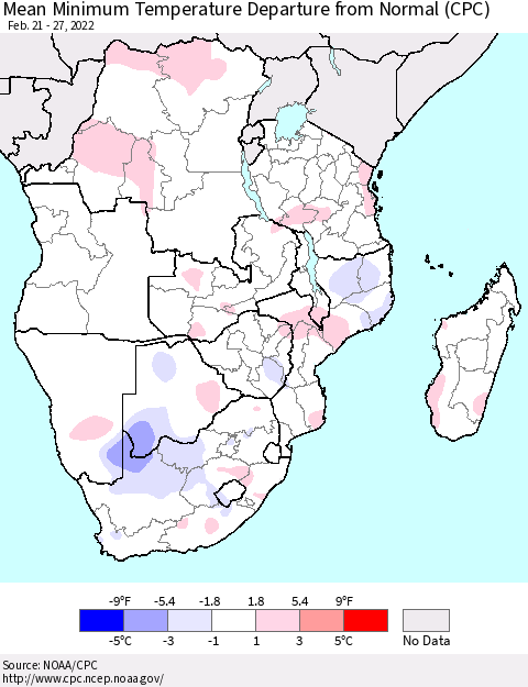 Southern Africa Mean Minimum Temperature Departure from Normal (CPC) Thematic Map For 2/21/2022 - 2/27/2022