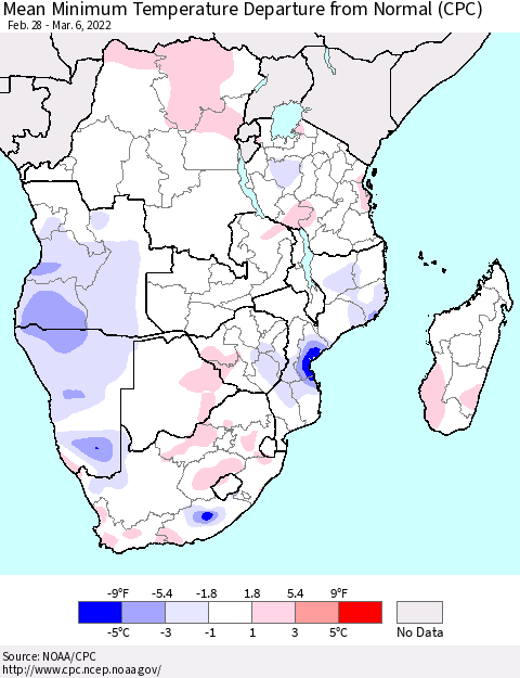 Southern Africa Mean Minimum Temperature Departure from Normal (CPC) Thematic Map For 2/28/2022 - 3/6/2022