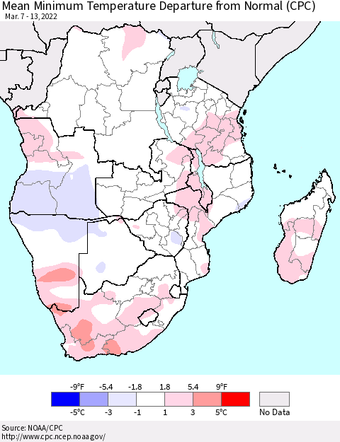 Southern Africa Mean Minimum Temperature Departure from Normal (CPC) Thematic Map For 3/7/2022 - 3/13/2022