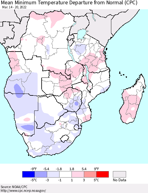 Southern Africa Mean Minimum Temperature Departure from Normal (CPC) Thematic Map For 3/14/2022 - 3/20/2022