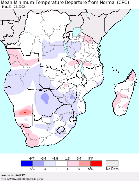Southern Africa Mean Minimum Temperature Departure from Normal (CPC) Thematic Map For 3/21/2022 - 3/27/2022