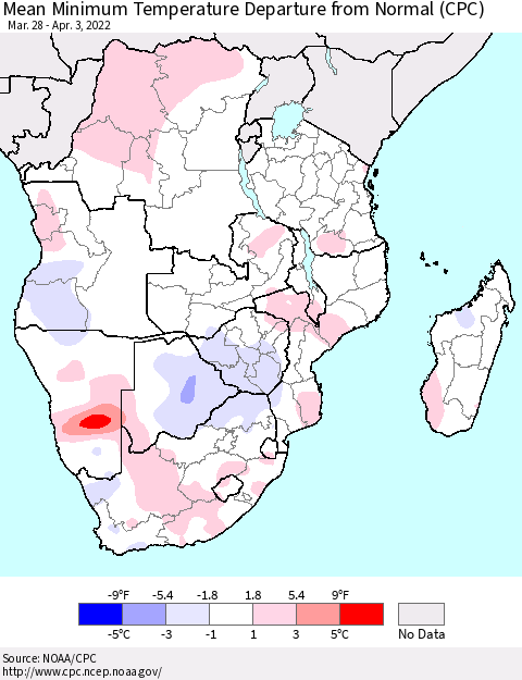 Southern Africa Mean Minimum Temperature Departure from Normal (CPC) Thematic Map For 3/28/2022 - 4/3/2022
