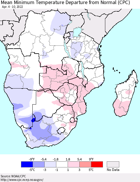 Southern Africa Mean Minimum Temperature Departure from Normal (CPC) Thematic Map For 4/4/2022 - 4/10/2022