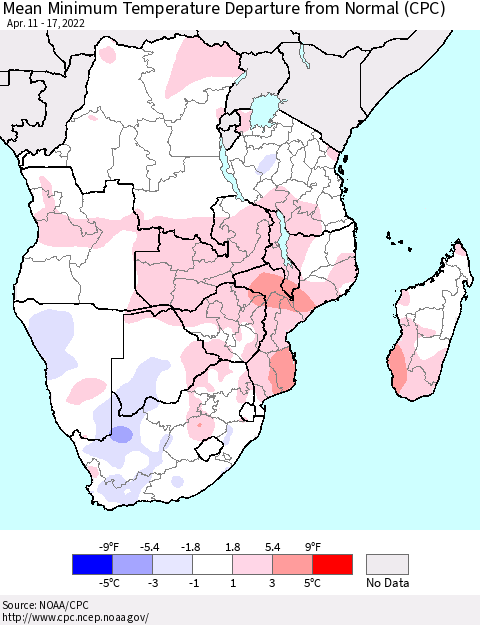 Southern Africa Mean Minimum Temperature Departure from Normal (CPC) Thematic Map For 4/11/2022 - 4/17/2022