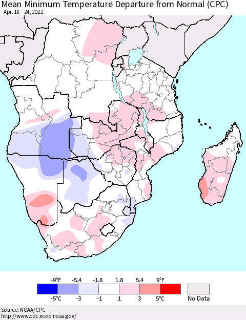 Southern Africa Mean Minimum Temperature Departure from Normal (CPC) Thematic Map For 4/18/2022 - 4/24/2022