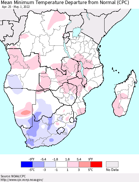 Southern Africa Mean Minimum Temperature Departure from Normal (CPC) Thematic Map For 4/25/2022 - 5/1/2022