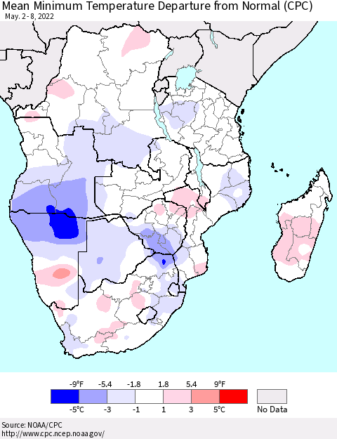 Southern Africa Mean Minimum Temperature Departure from Normal (CPC) Thematic Map For 5/2/2022 - 5/8/2022