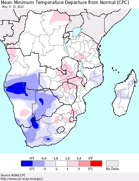 Southern Africa Mean Minimum Temperature Departure from Normal (CPC) Thematic Map For 5/9/2022 - 5/15/2022