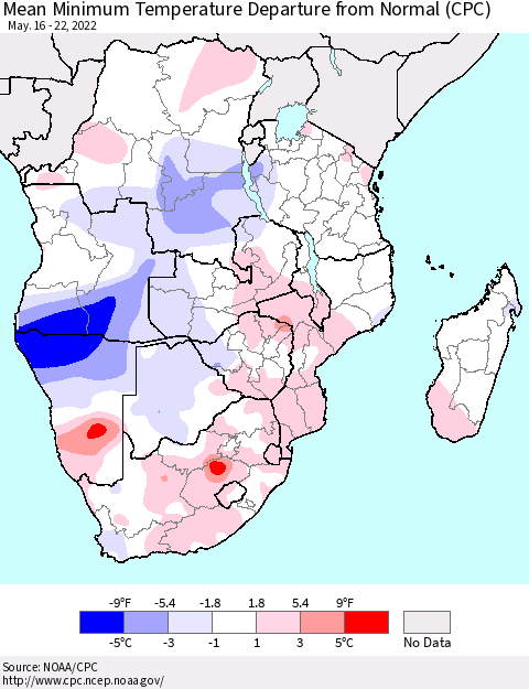 Southern Africa Mean Minimum Temperature Departure from Normal (CPC) Thematic Map For 5/16/2022 - 5/22/2022