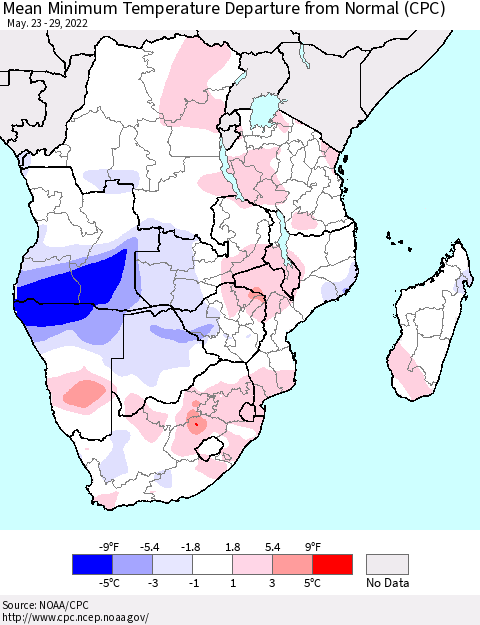 Southern Africa Mean Minimum Temperature Departure from Normal (CPC) Thematic Map For 5/23/2022 - 5/29/2022