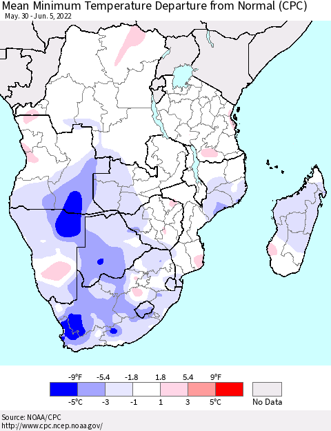 Southern Africa Mean Minimum Temperature Departure from Normal (CPC) Thematic Map For 5/30/2022 - 6/5/2022