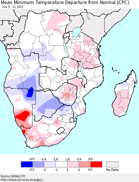 Southern Africa Mean Minimum Temperature Departure from Normal (CPC) Thematic Map For 6/6/2022 - 6/12/2022
