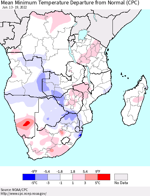 Southern Africa Mean Minimum Temperature Departure from Normal (CPC) Thematic Map For 6/13/2022 - 6/19/2022